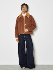 Apricot Brown Colour Denim Trucker Fur Jacket - Image 3 of 5