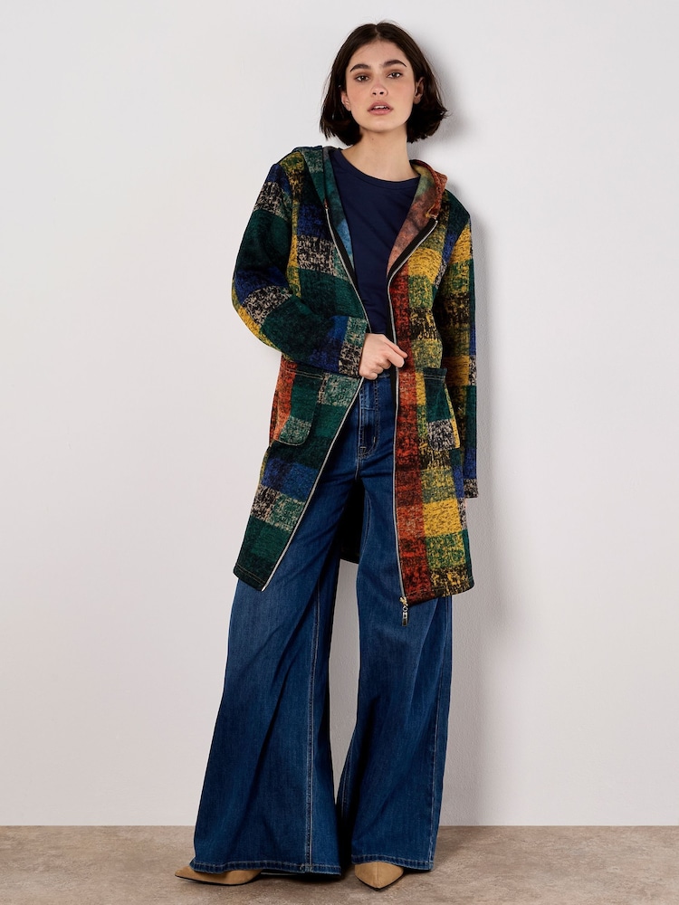 Apricot Orange Multicolour Check Fleece Hood Cardigan - Image 1 of 4 Apricot Orange Multicolour Check Fleece Hood Cardigan - Image 1 of 4