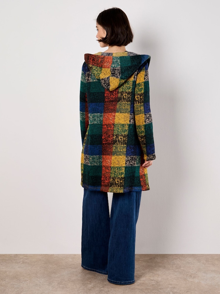 Apricot Orange Multicolour Check Fleece Hood Cardigan - Image 2 of 4 Apricot Orange Multicolour Check Fleece Hood Cardigan - Image 2 of 4