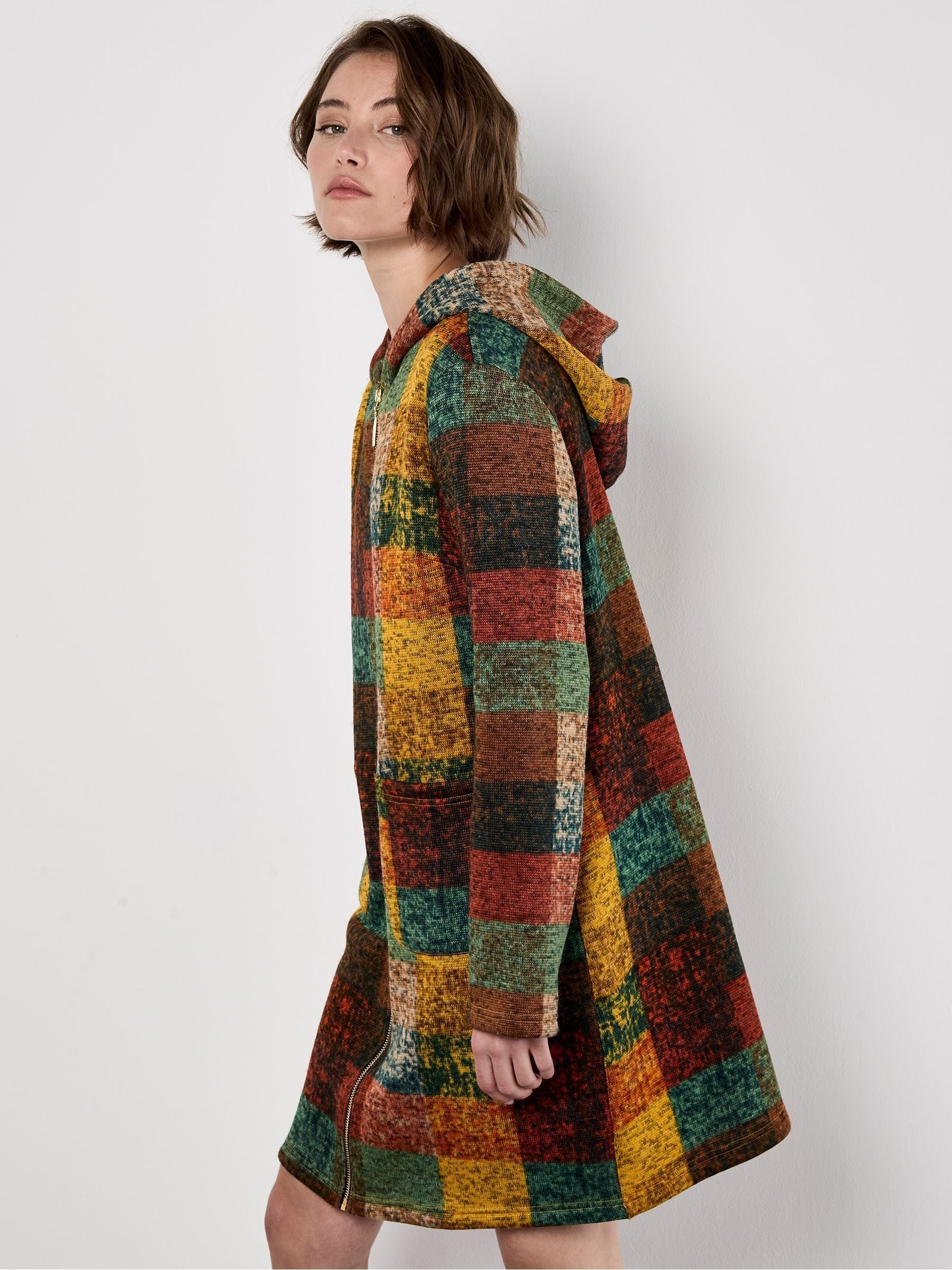 Buy Apricot Brown Multicolour Check Fleece Hood Cardigan from the