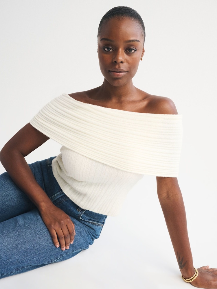 Abercrombie & Fitch Cream Off The Shoulder Foldover Top - Image 1 of 6