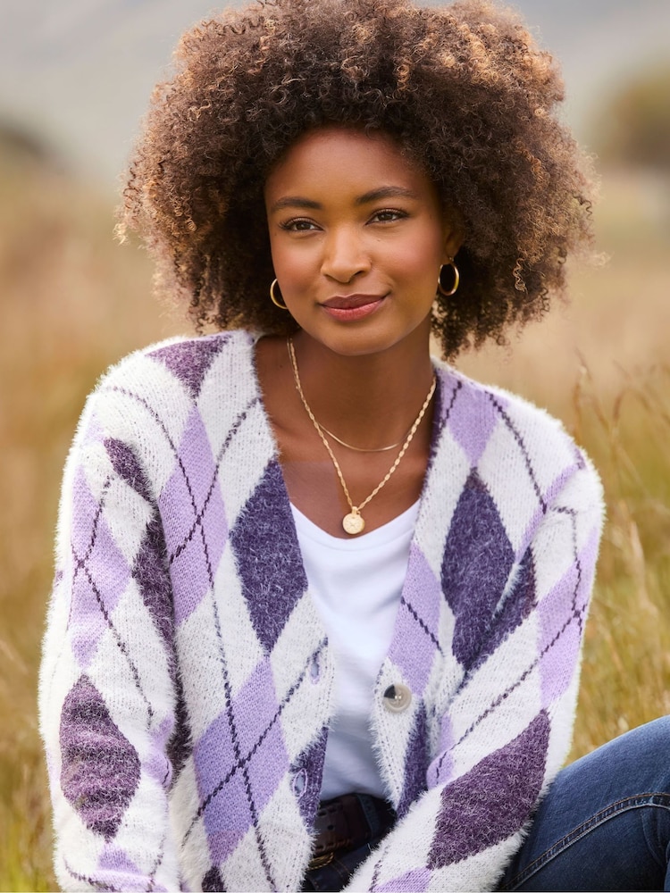 Joe Browns Purple Argyle Knit Cardigan - Image 2 of 7 Joe Browns Purple Argyle Knit Cardigan - Image 2 of 7