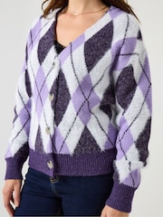Joe Browns Purple Argyle Knit Cardigan - Image 6 of 7