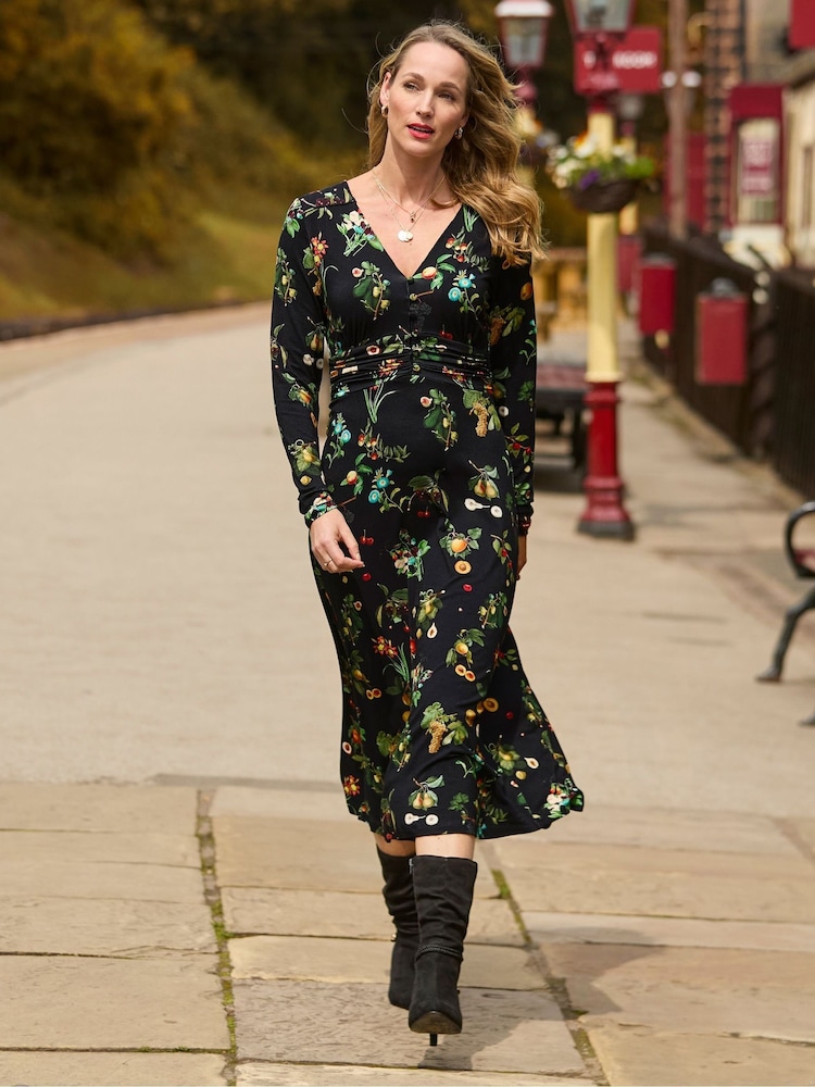 Joe Browns Black Fruit Print Midi Dress - Image 1 of 7 Joe Browns Black Fruit Print Midi Dress - Image 1 of 7