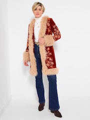 Joe Browns Orange Embroidered Boho Faux Fur Coat - Image 1 of 5