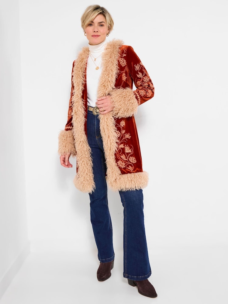 Joe Browns Orange Embroidered Boho Faux Fur Coat - Image 1 of 5 Joe Browns Orange Embroidered Boho Faux Fur Coat - Image 1 of 5