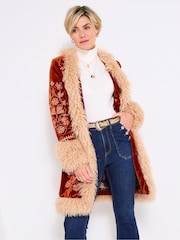 Joe Browns Orange Embroidered Boho Faux Fur Coat - Image 2 of 5