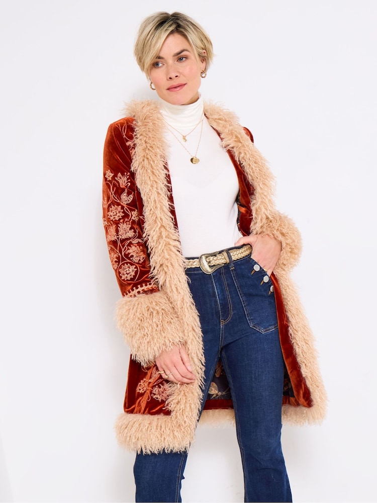 Joe Browns Orange Embroidered Boho Faux Fur Coat - Image 2 of 5 Joe Browns Orange Embroidered Boho Faux Fur Coat - Image 2 of 5