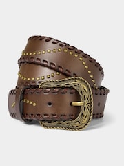 Joe Browns Brown Patterned Leather Belt With Gold Buckle & Studs Earrings - Image 1 of 3