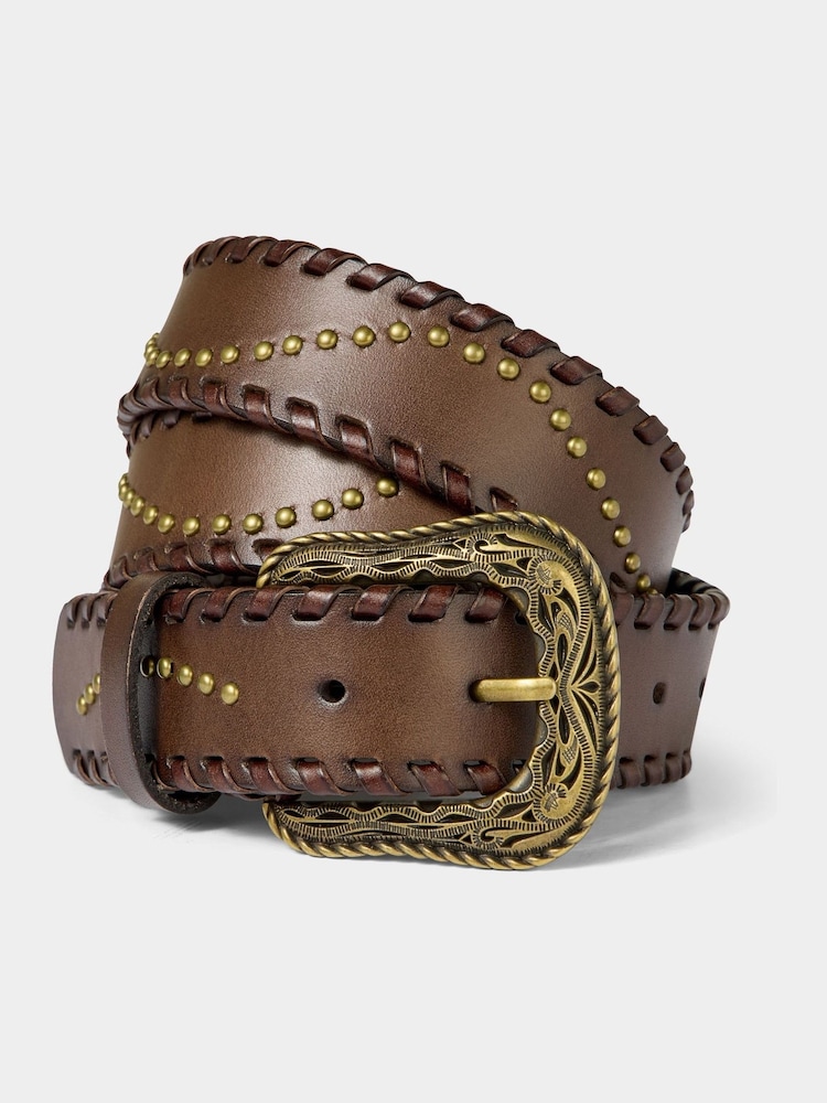 Joe Browns Brown Patterned Leather Belt With Gold Buckle & Studs Earrings - Image 1 of 3