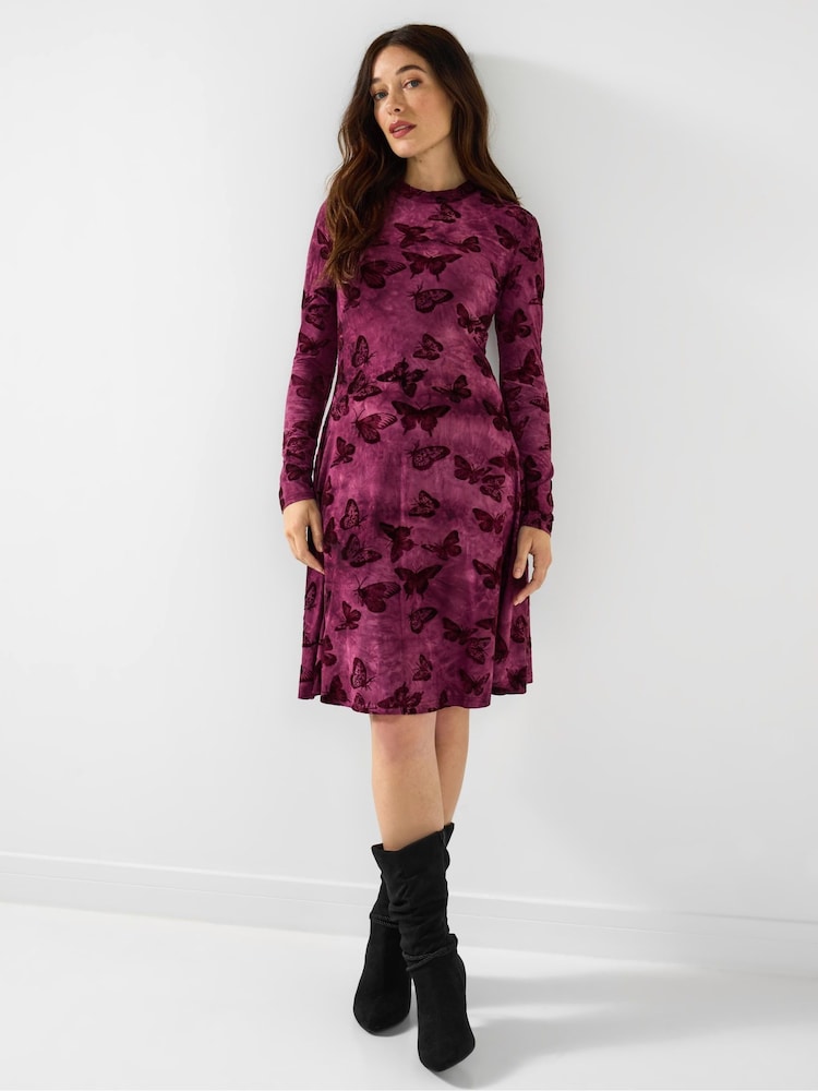 Joe Browns Purple Flocked Butterfly Mini Skater Dress - Image 1 of 5 Joe Browns Purple Flocked Butterfly Mini Skater Dress - Image 1 of 5