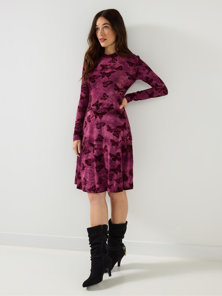 Joe Browns Purple Flocked Butterfly Mini Skater Dress - Image 2 of 5 Joe Browns Purple Flocked Butterfly Mini Skater Dress - Image 2 of 5