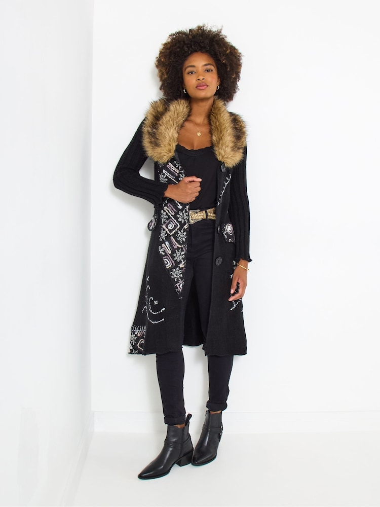 Joe Browns Black Faux Fur Collar Black Cardigan - Image 1 of 5 Joe Browns Black Faux Fur Collar Black Cardigan - Image 1 of 5