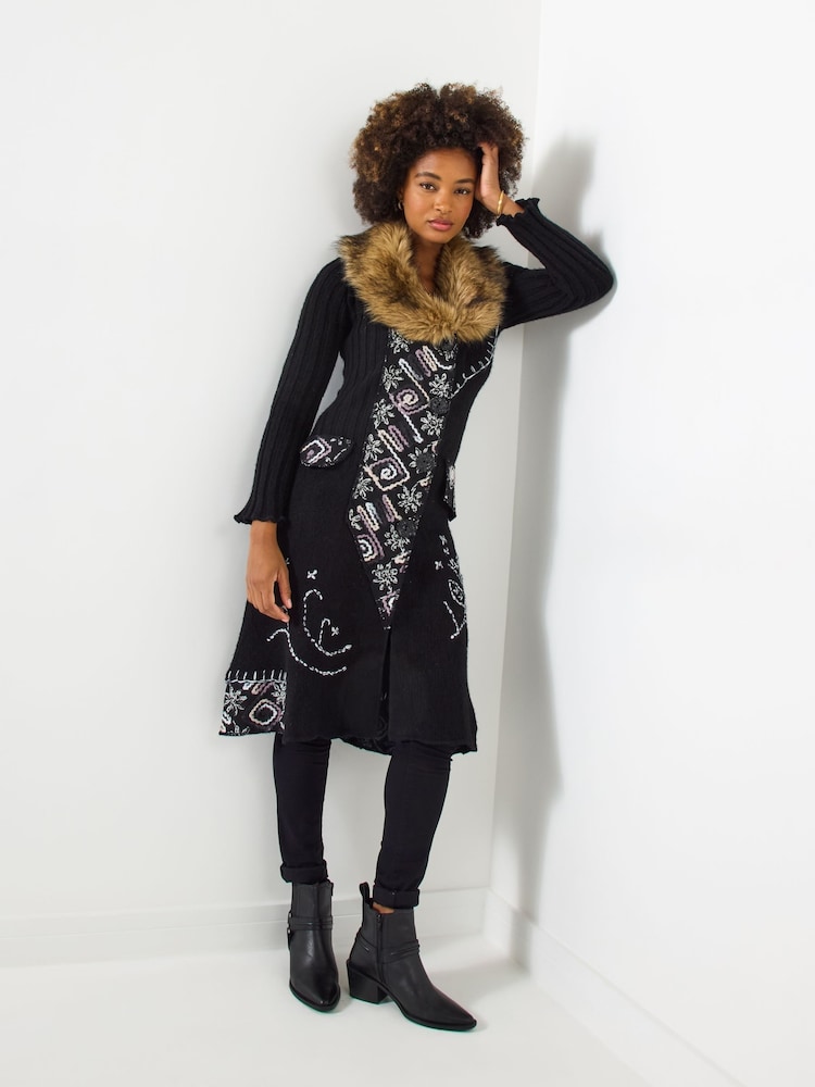 Joe Browns Black Faux Fur Collar Black Cardigan - Image 2 of 5 Joe Browns Black Faux Fur Collar Black Cardigan - Image 2 of 5