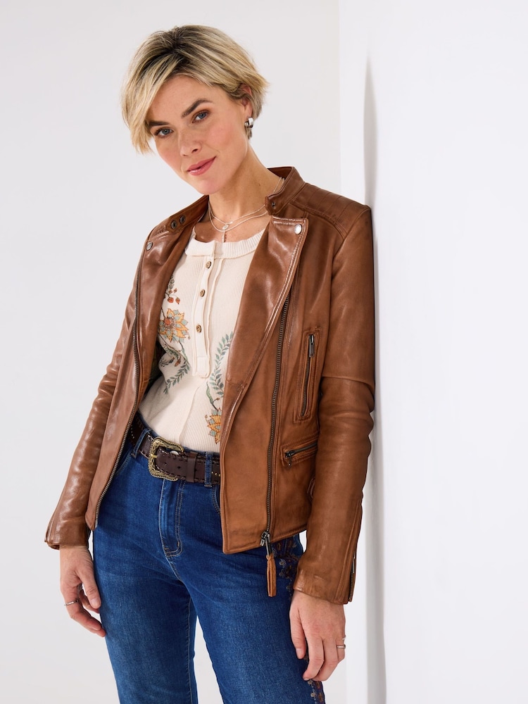 Joe Browns Brown Collarless Leather Biker Jacket - Image 1 of 5 Joe Browns Brown Collarless Leather Biker Jacket - Image 1 of 5