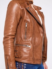 Joe Browns Brown Collarless Leather Biker Jacket - Image 2 of 5