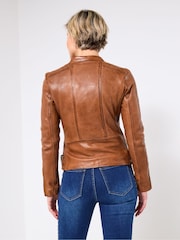 Joe Browns Brown Collarless Leather Biker Jacket - Image 4 of 5