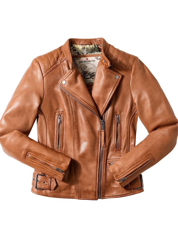 Joe Browns Brown Collarless Leather Biker Jacket - Image 5 of 5