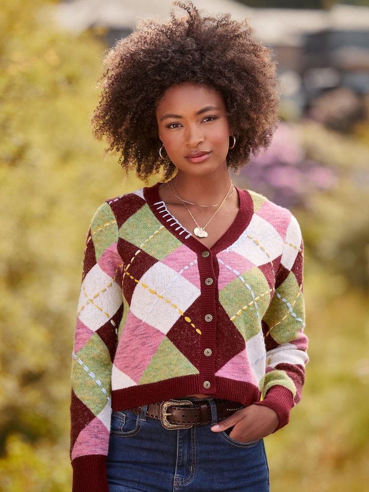 Joe Browns Red Classic Argyle Pattern Cardigan - Image 1 of 8 Joe Browns Red Classic Argyle Pattern Cardigan - Image 1 of 8