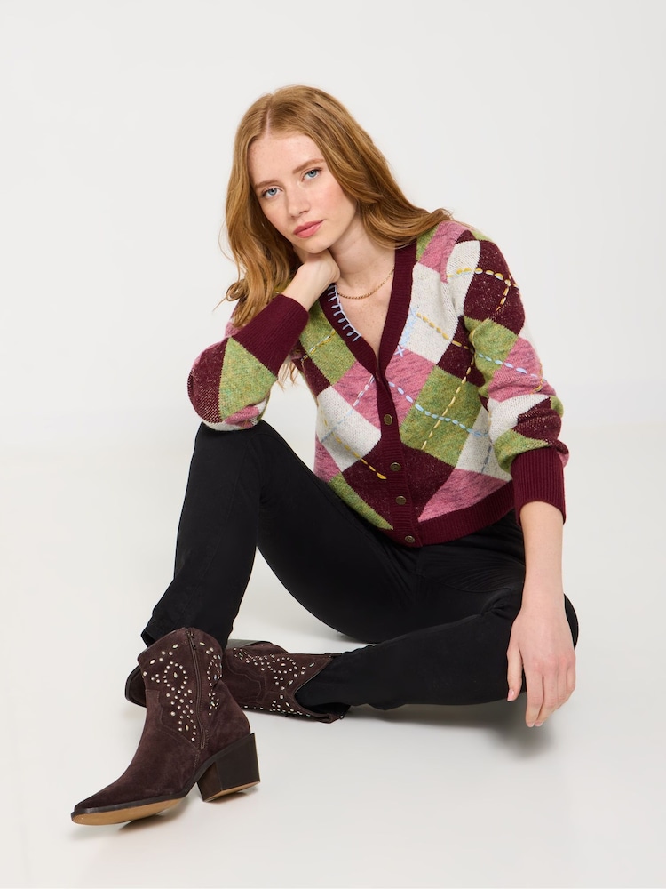 Joe Browns Red Classic Argyle Pattern Cardigan - Image 2 of 8 Joe Browns Red Classic Argyle Pattern Cardigan - Image 2 of 8
