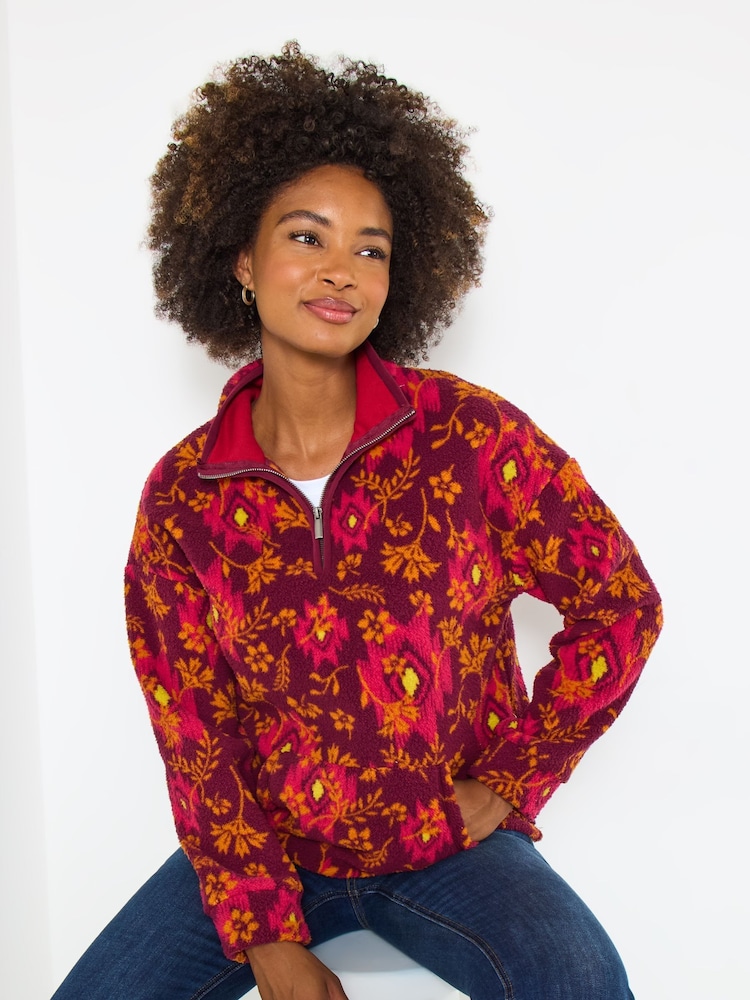 Joe Browns Red Floral Print Zip-Up Fleece - Image 1 of 5 Joe Browns Red Floral Print Zip-Up Fleece - Image 1 of 5