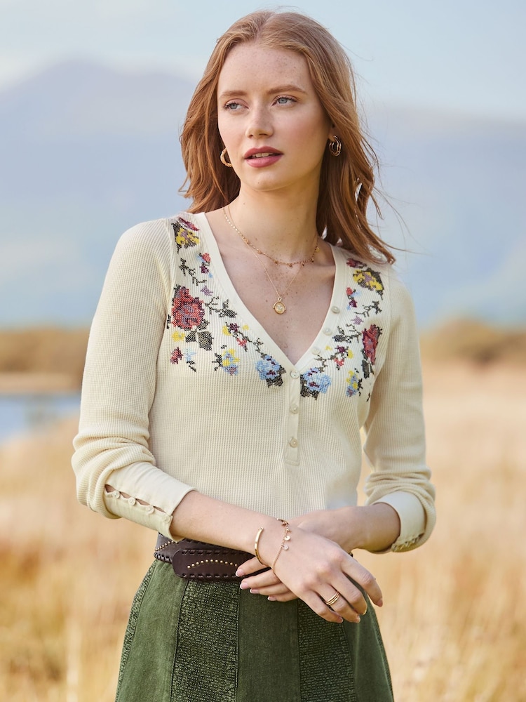 Joe Browns Cream Exquisite Embroidered Henley Top - Image 1 of 6