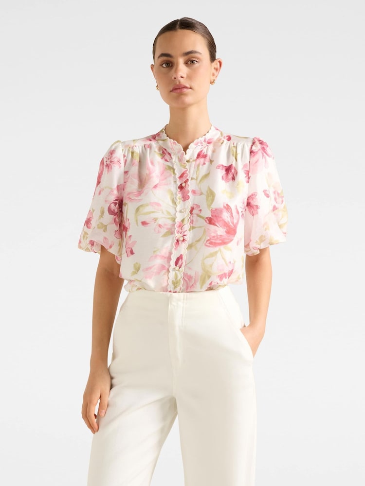 Forever New Cream Becca Scalloped Blouse Contains Linen - Image 1 of 5
