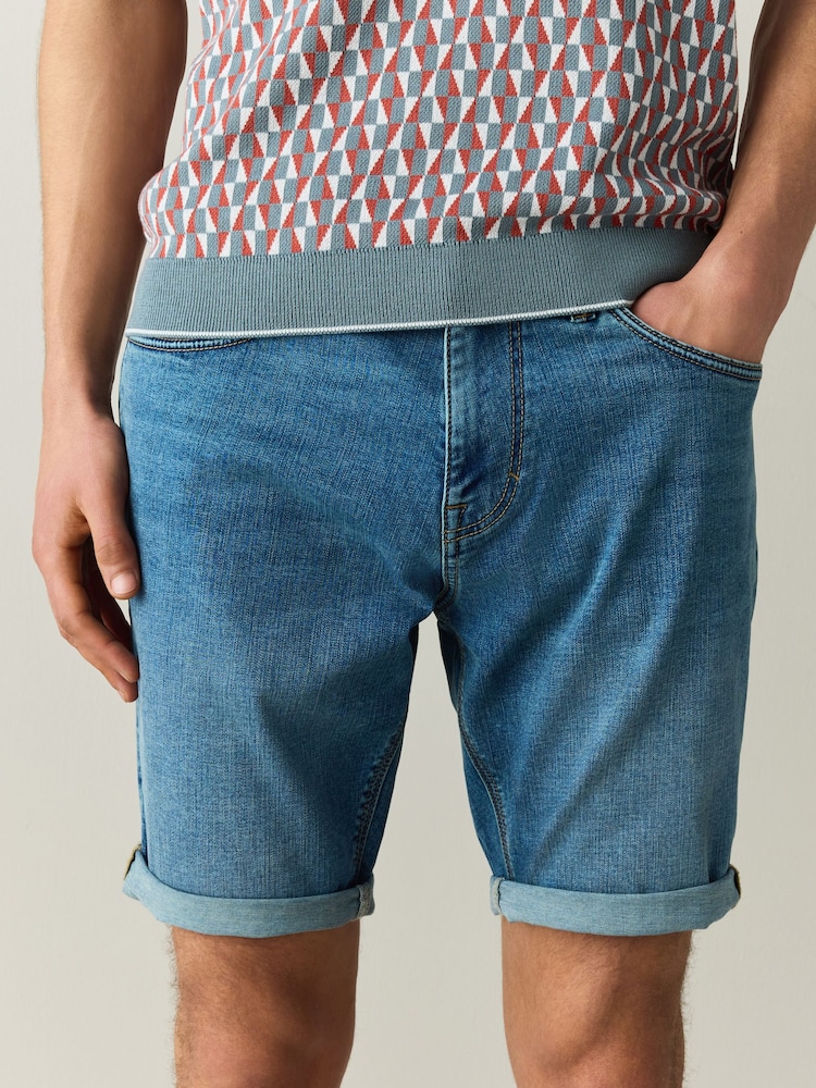 Mid Blue Slim Fit Motion Flex Denim Shorts - Image 1 of 11 Mid Blue Slim Fit Motion Flex Denim Shorts - Image 1 of 11