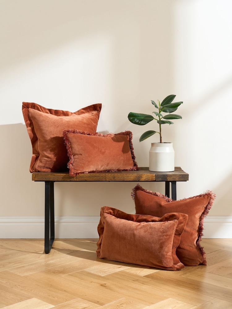 Truly Burnt Orange Velvet Fringe Lombard Cushion Cover - Image 1 of 2
