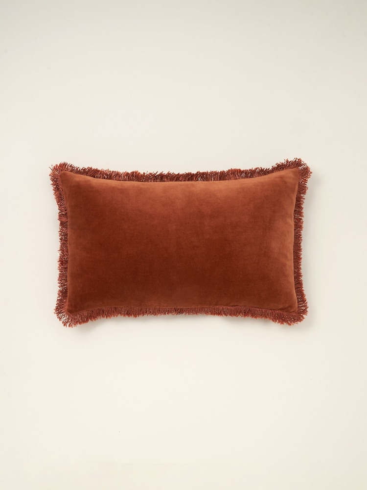 Truly Burnt Orange Velvet Fringe Lombard Cushion Cover - Image 2 of 2