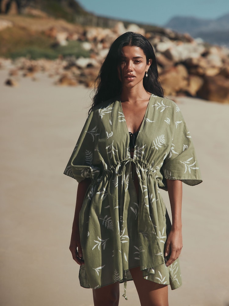 Sage Green Leaf Print Longline Tie Waist Kaftan - Image 1 of 8