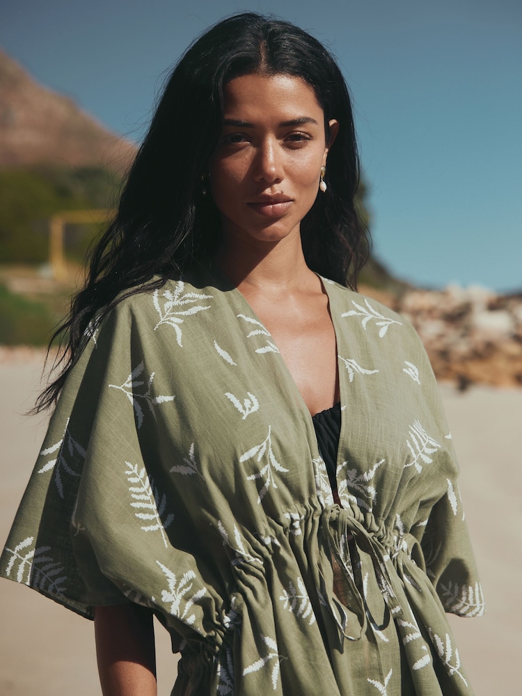 Sage Green Leaf Print Longline Tie Waist Kaftan - Image 2 of 8