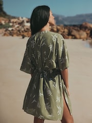 Sage Green Leaf Print Longline Tie Waist Kaftan - Image 3 of 8