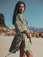 Sage Green Leaf Print Longline Tie Waist Kaftan - Image 4 of 8