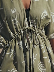Sage Green Leaf Print Longline Tie Waist Kaftan - Image 5 of 8