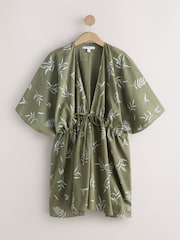 Sage Green Leaf Print Longline Tie Waist Kaftan - Image 6 of 8