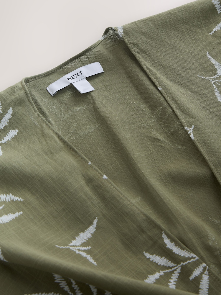 Sage Green Leaf Print Longline Tie Waist Kaftan - Image 8 of 8
