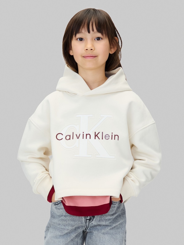 Calvin Klein Cream Fleece Logo Hoodie - Image 1 of 5
