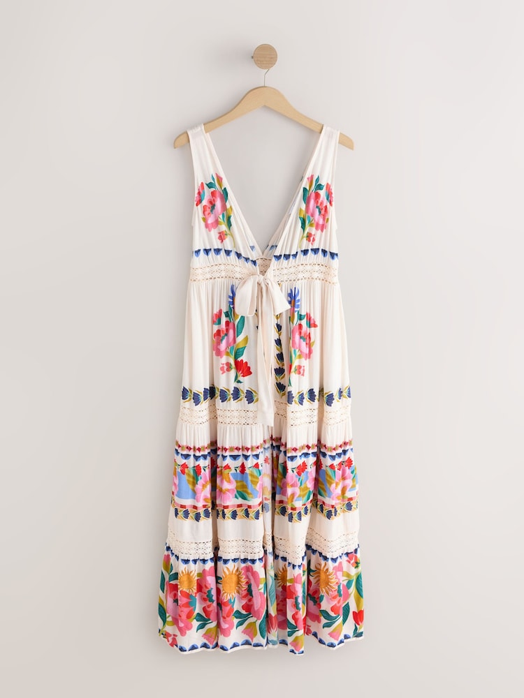Cream Floral Print Tie Front Maxi Length Cover-Up - Image 1 of 3