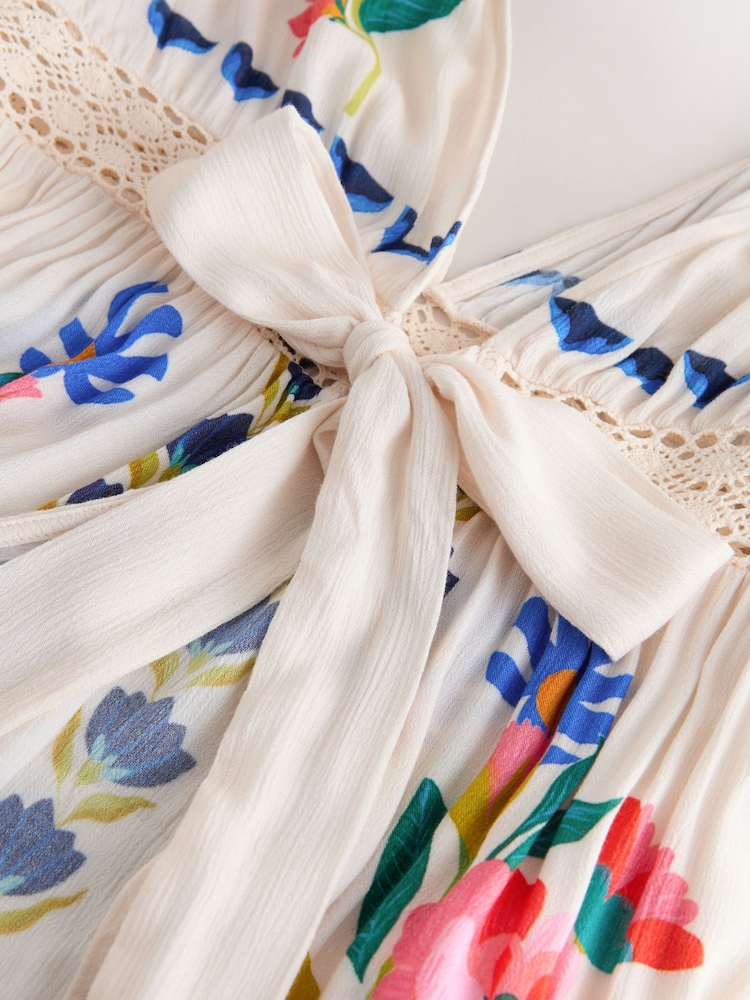 Cream Floral Print Tie Front Maxi Length Cover-Up - Image 2 of 3