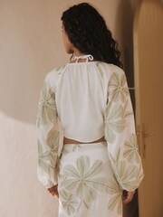 Green/Cream Floral Embroidered Tie Front Cover-Up - Image 4 of 7