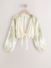 Green/Cream Floral Embroidered Tie Front Cover-Up - Image 5 of 7