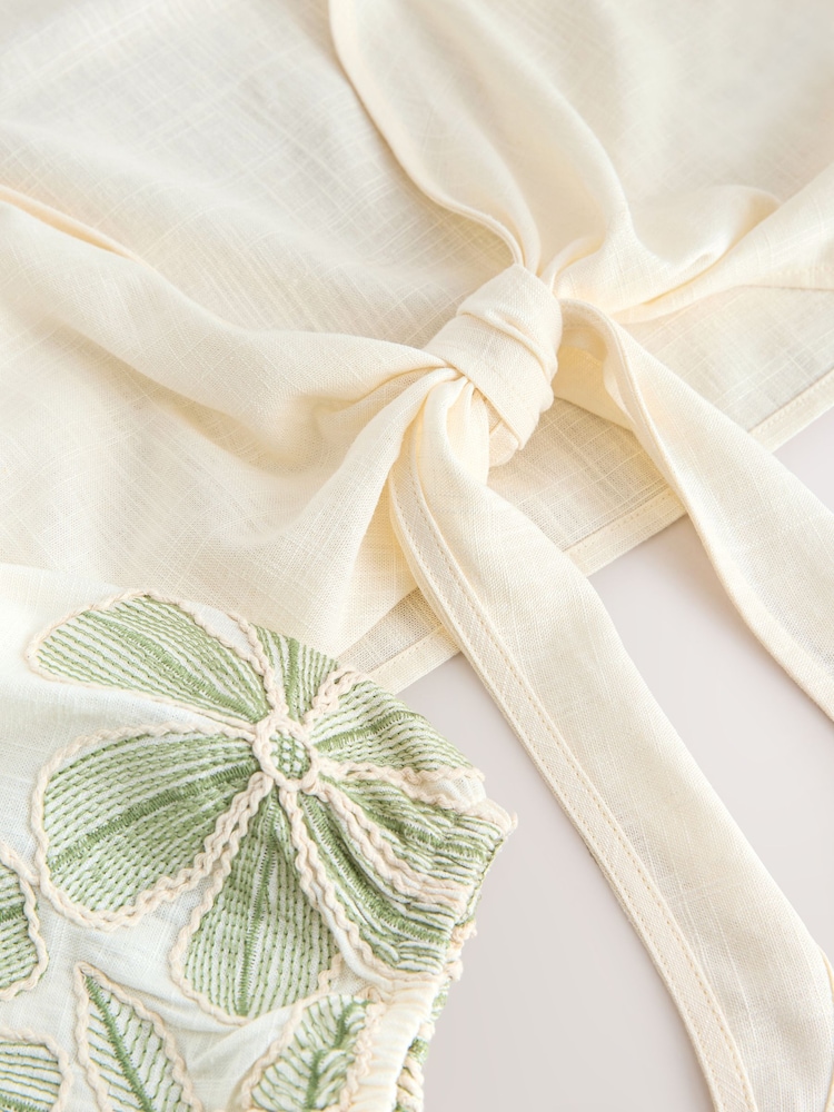 Green/Cream Floral Embroidered Tie Front Cover-Up - Image 7 of 7