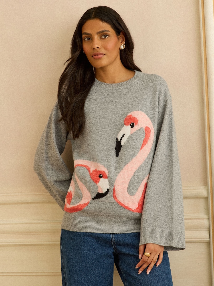 Love & Roses Grey Flamingo Knitted Jumper - Image 1 of 4