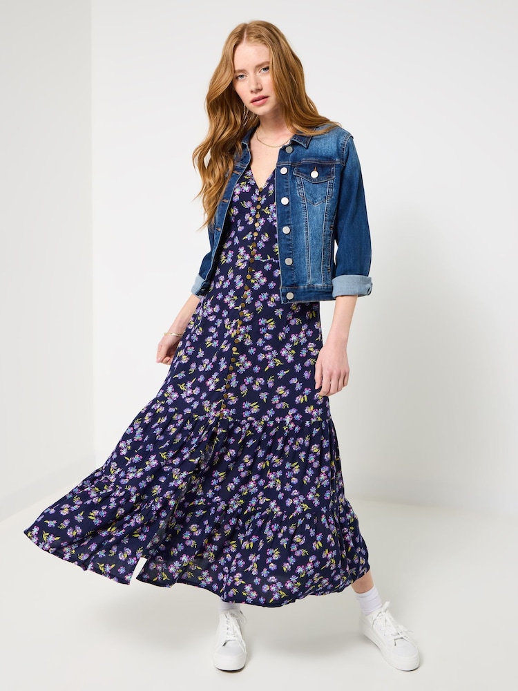 Joe Browns Blue Puff Sleeve V-Neck Midi Dress - Image 1 of 5