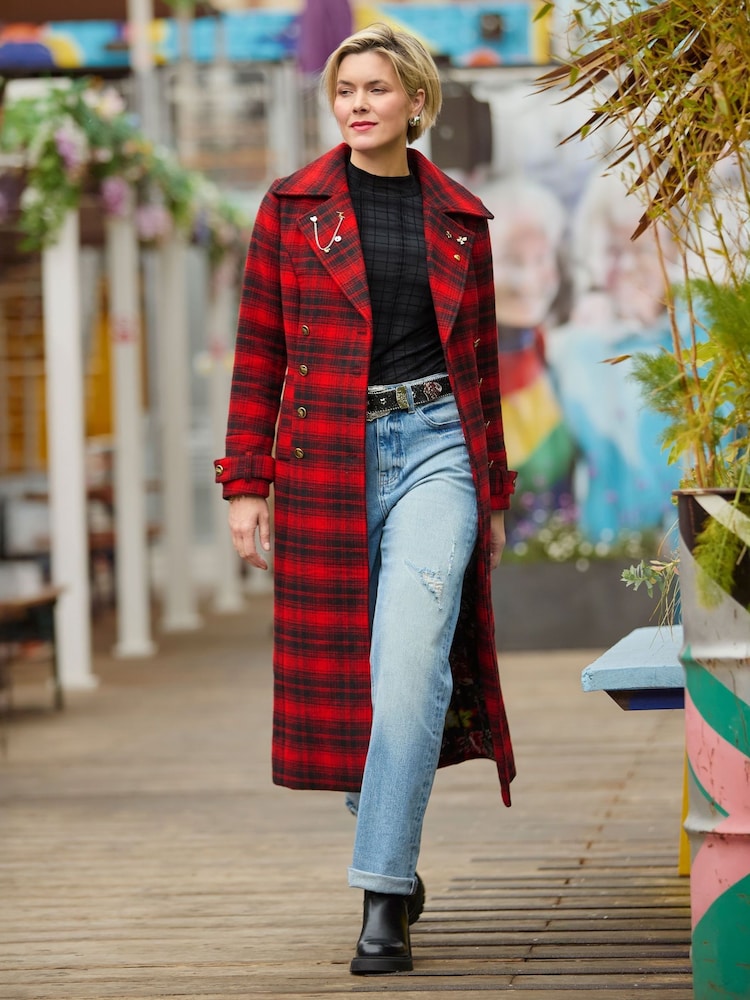 Joe Browns Red Petite Check Maxi Coat - Image 1 of 7 Joe Browns Red Petite Check Maxi Coat - Image 1 of 7