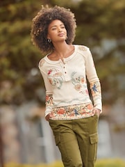 Joe Browns Cream Printed Patchwork Henley T-Shirt - Image 1 of 7
