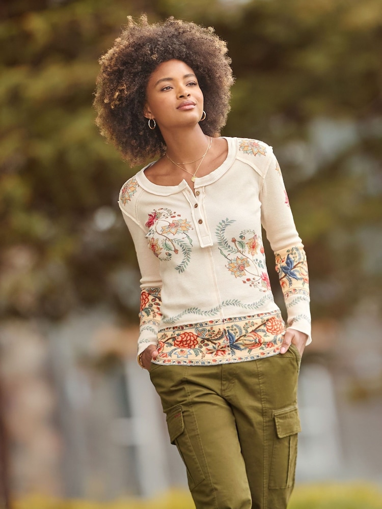 Joe Browns Cream Printed Patchwork Henley T-Shirt - Image 1 of 7
