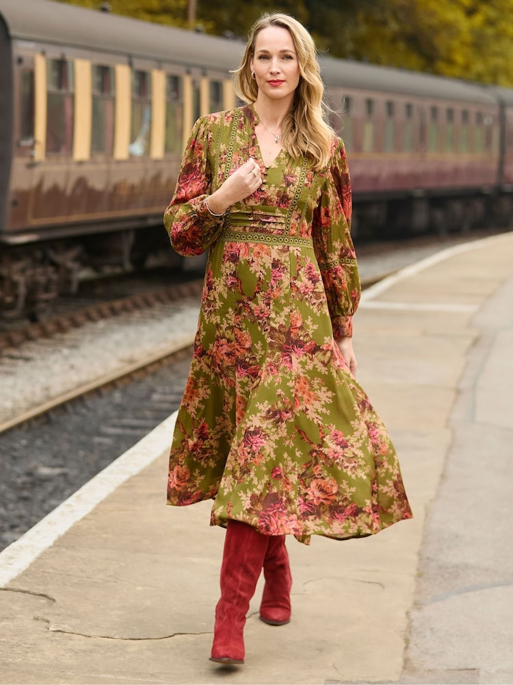 Joe Browns Green Vintage Roses Midi Dress - Image 1 of 7
