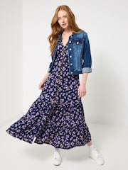 Joe Browns Blue Petite Puff Sleeve V-Neck Midi Dress - Image 2 of 5